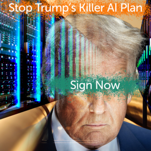 Donald Trump's face superimposed over an image of an AI data center and fossil fuel refinery