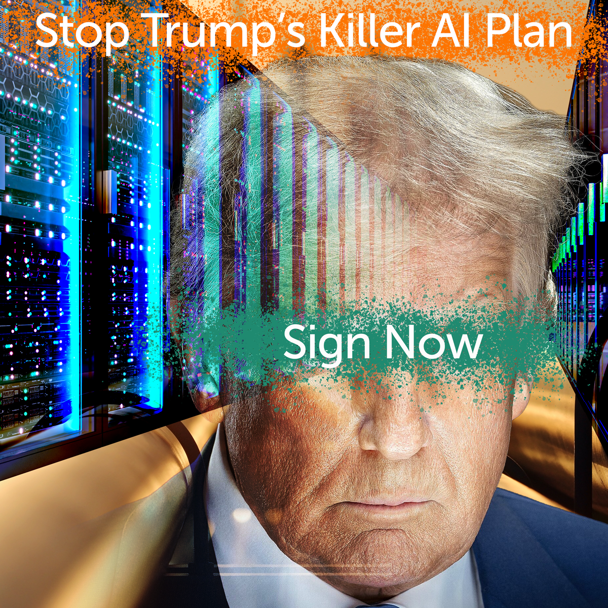 Donald Trump's face superimposed over an image of an AI data center and fossil fuel refinery