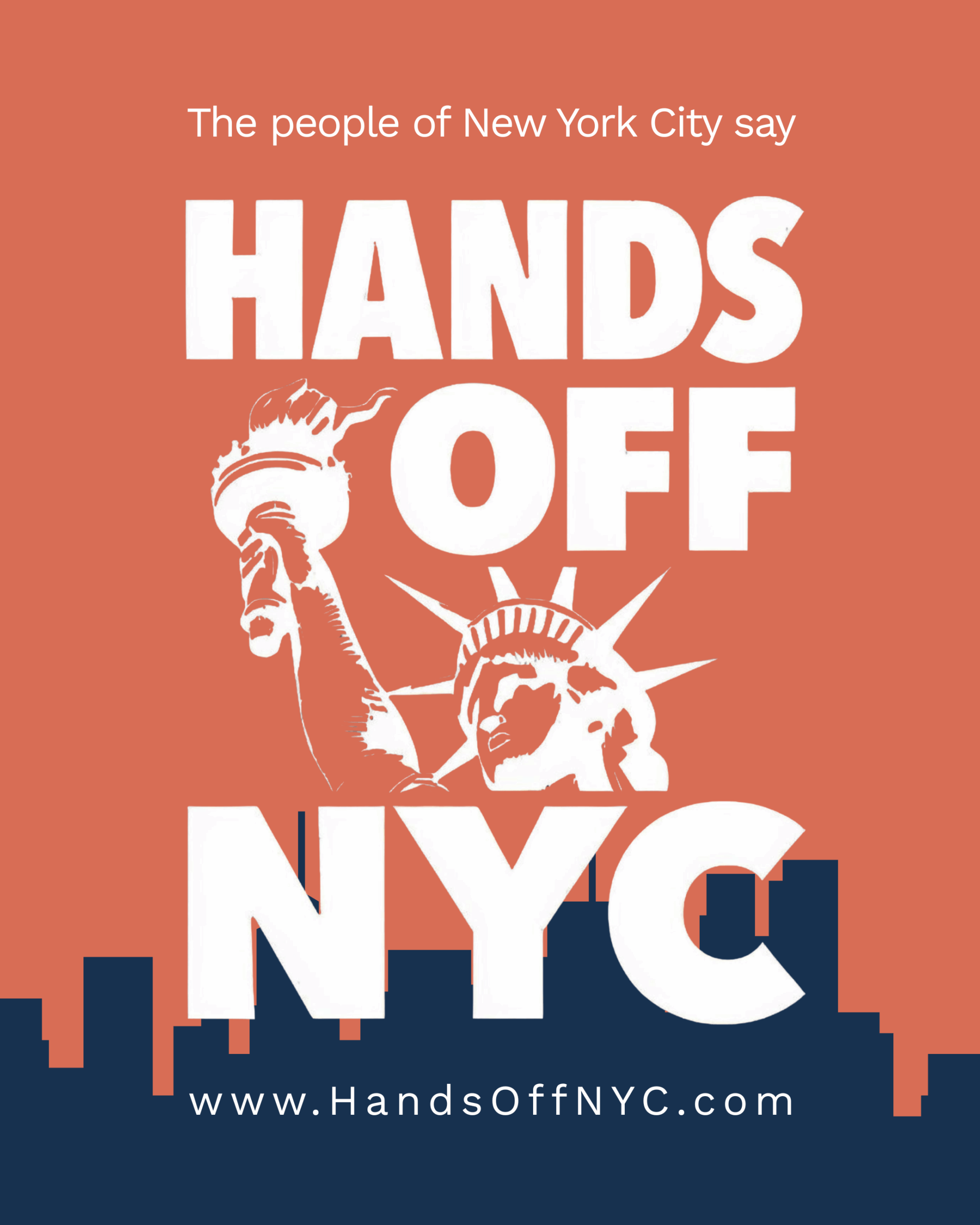 Hands off NYC logo shows the statue of liberty in front of a New York Skyline under the words Hands Off