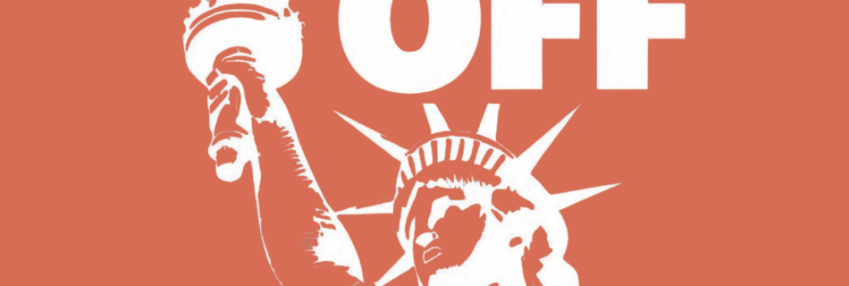 Hands off NYC logo shows the statue of liberty in front of a New York Skyline under the words Hands Off