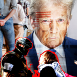 In. a photoshopped image Donald Trump looms over a photo of a voting location while protestors shout at ICE agents in the foreground