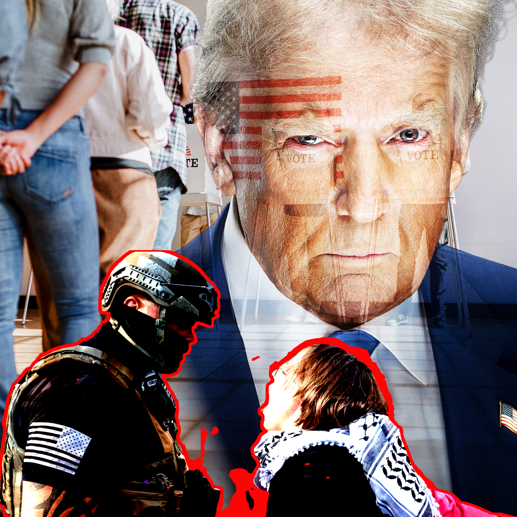 In. a photoshopped image Donald Trump looms over a photo of a voting location while protestors shout at ICE agents in the foreground