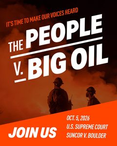 The people vs Big oil flyer shows firefighters backlit against smoke and a wildfire under the words "Monday October 5 The people v big oil"