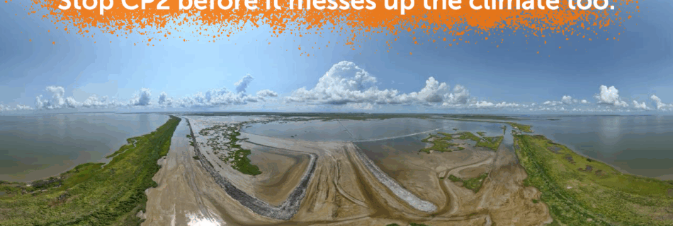 A panoramic photo shows a big pile of dredging mud leaking into a waterway in SW Louisiana under a clear blue sky