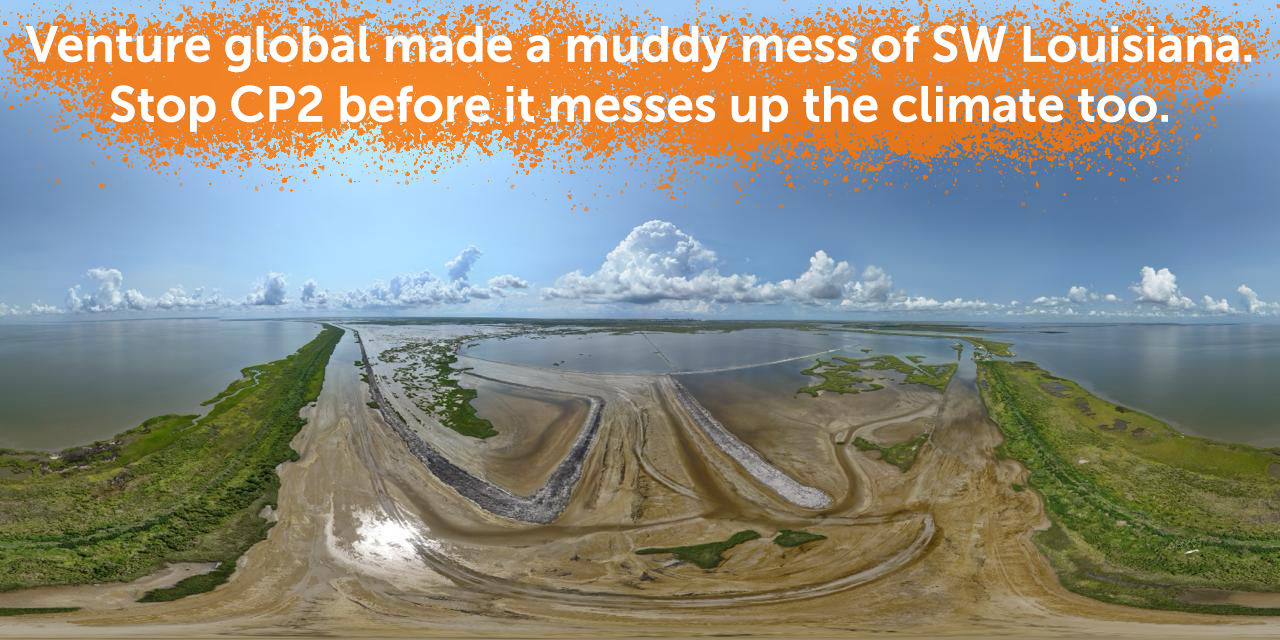 A panoramic photo shows a big pile of dredging mud leaking into a waterway in SW Louisiana under a clear blue sky