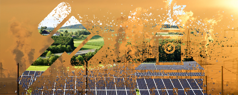 an image contrasting a polluted background with power lines and a clean foreground with solar panels separated by a gavel and town hall