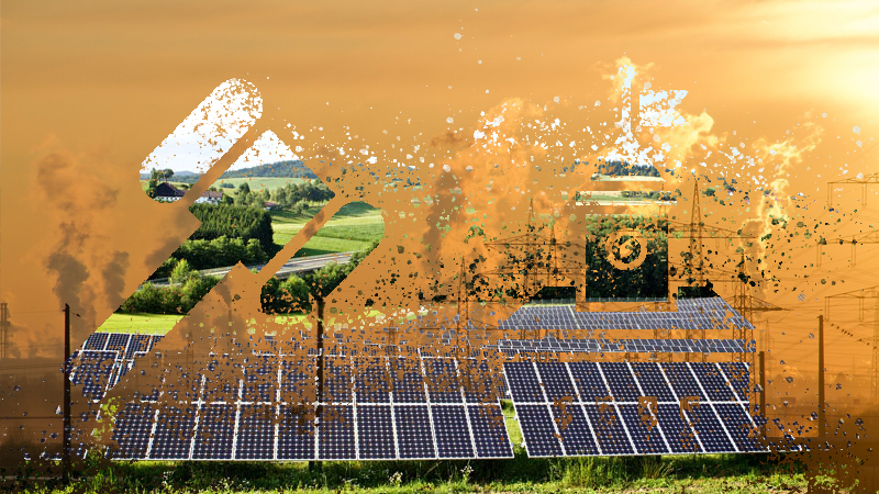 an image contrasting a polluted background with power lines and a clean foreground with solar panels separated by a gavel and town hall