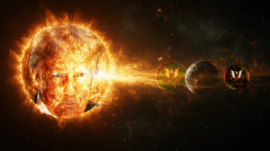 A picture of the sun with Trump's face superimposed on it. The sun is emitting a massive flare towards earth that passes through a FERC logo, on the far side of the Earth the flare has scorched the FERC logo into a dark reflection, smaller.