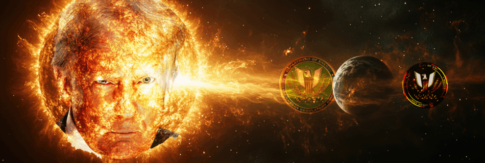 A picture of the sun with Trump's face superimposed on it. The sun is emitting a massive flare towards earth that passes through a FERC logo, on the far side of the Earth the flare has scorched the FERC logo into a dark reflection, smaller.