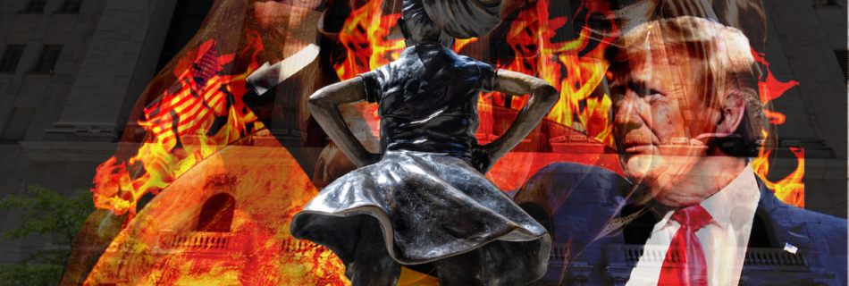 The brave little grl statue on wall street faces down a charging bull a burning planet and Donald Trump to symbolize banks funding fossil fuels and fascism