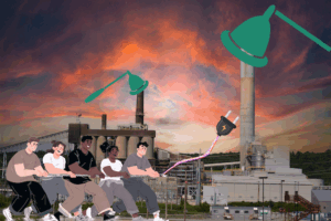 ISONE Capacity Auction Reform main meme shows a drawing of people pulling a plug out from the Merimack Generating station in New England - the power plant has big snuffers over the smokestacks.