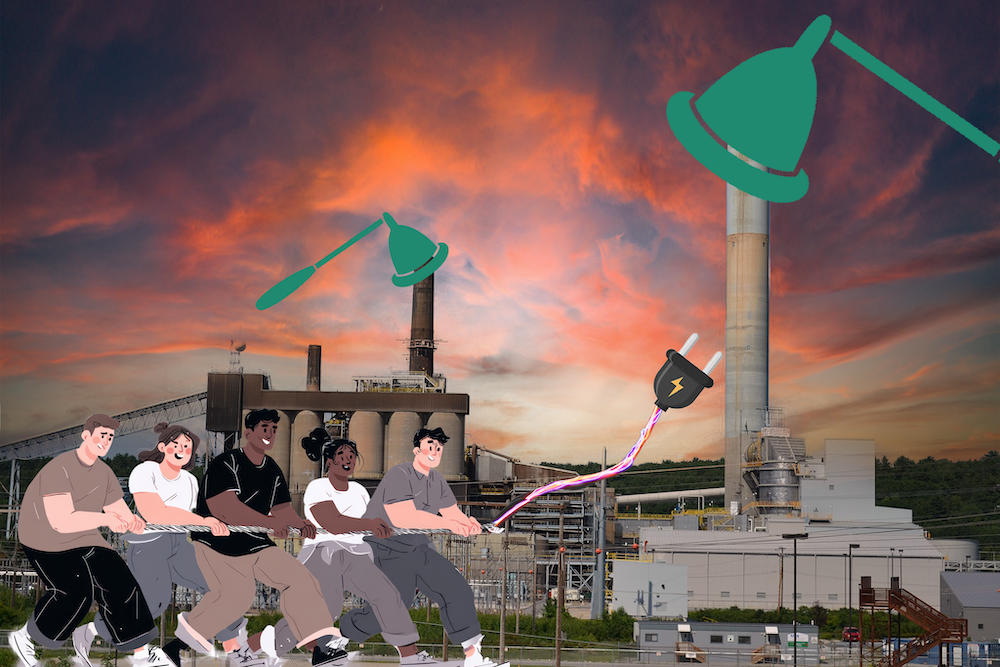 ISONE Capacity Auction Reform main meme shows a drawing of people pulling a plug out from the Merimack Generating station in New England - the power plant has big snuffers over the smokestacks.