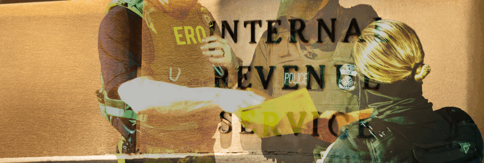 A photoshoppped image shows ICE and police agents in masks looking at a piece of paper in from of the IRS building in Washington DC