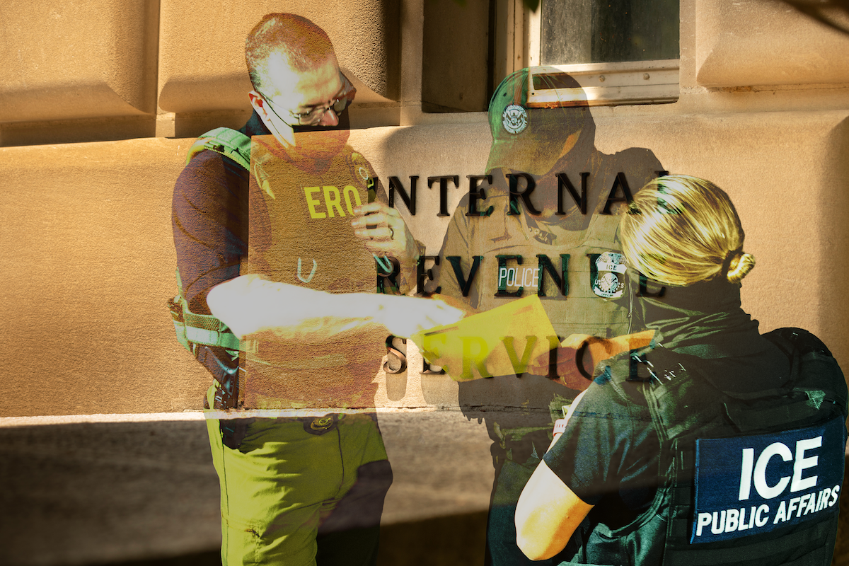 A photoshoppped image shows ICE and police agents in masks looking at a piece of paper in from of the IRS building in Washington DC