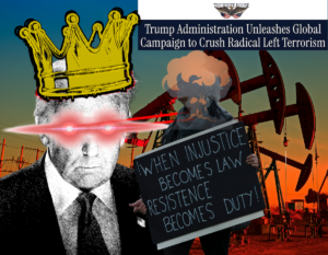 Under a white house announcement targeting "Antifa" A cartoonish image of Trump wearing a crown that drips blood and oil shooting lasers out of his eyes at a protestor carrying a sign that says "when injustice becomes law Resistance becomes duty"
