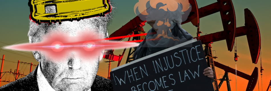 Under a white house announcement targeting "Antifa" A cartoonish image of Trump wearing a crown that drips blood and oil shooting lasers out of his eyes at a protestor carrying a sign that says "when injustice becomes law Resistance becomes duty"