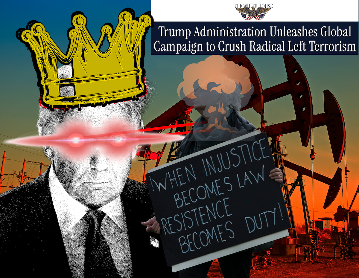 Under a white house announcement targeting "Antifa" A cartoonish image of Trump wearing a crown that drips blood and oil shooting lasers out of his eyes at a protestor carrying a sign that says "when injustice becomes law Resistance becomes duty"