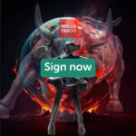 A photoshopped image shows the brave little girl statue facing the bull of wall street statue with a burning planet behind. There is a wells fargo logo on the Bull's head and a "Sign Now" button on the girl's back