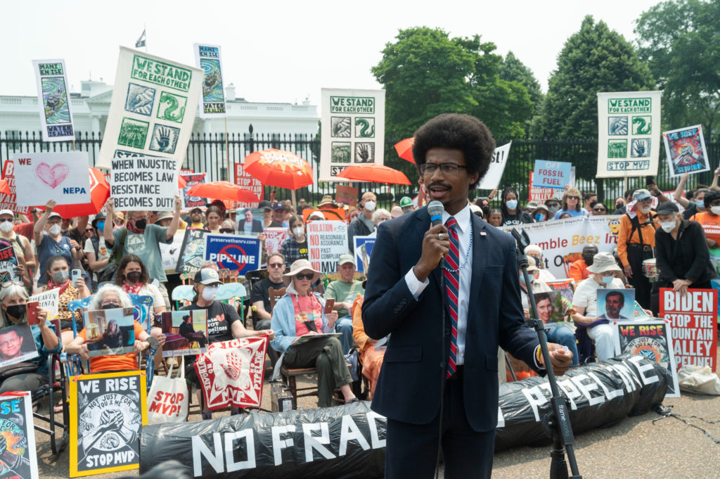 Activist and Tennessee state representative Justin Pearson joined frontline leaders from Appalachia outside the White House on June 8th -- under skies smoky from the Canadian wildfires -- for a protest against the Mountain Valley Pipeline. Photo credit: Kevin Wolf, AP