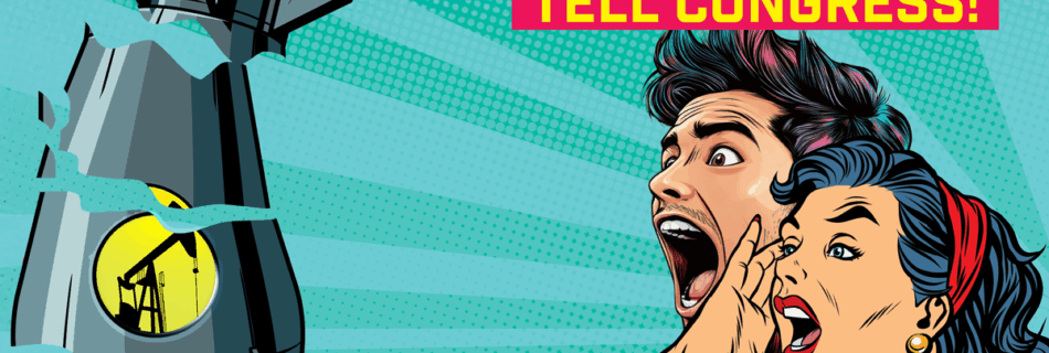 A woman and man shout and their cries break a bomb with a pumpjack oil derrick on it under the words "War fuels climate change, fossil fuels cause war"